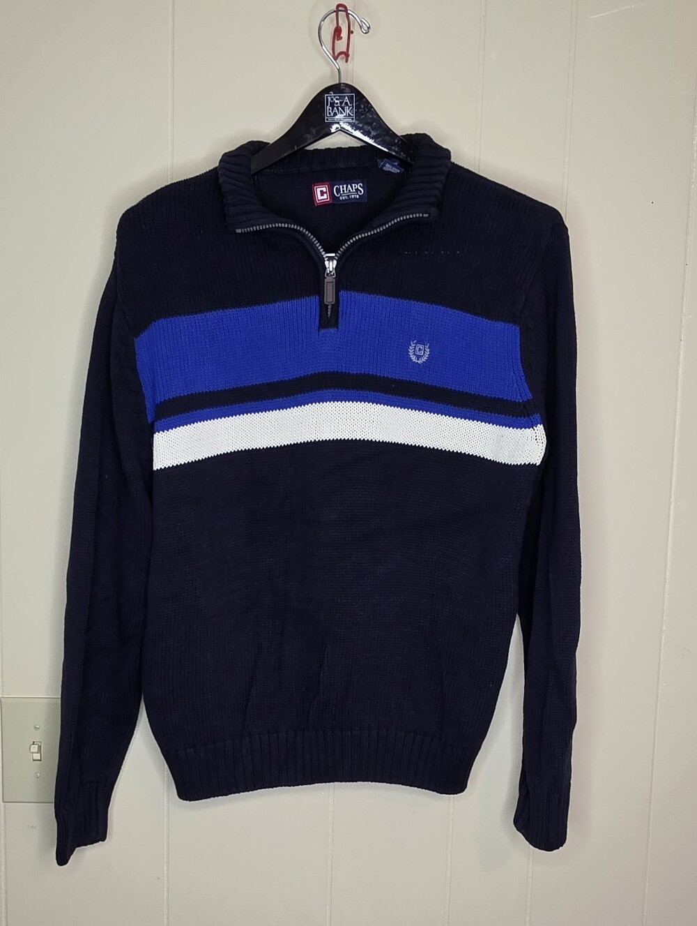 Chaps Sweater Mens X-Large Blue Stripe 1/4 Zip Mock Neck Cotton Pullover